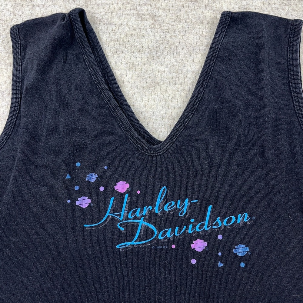 Vintage Y2K Harley Davidson Shirt Women Large Black Tank Top V Neck Faded Tattoo - Picture 3 of 16